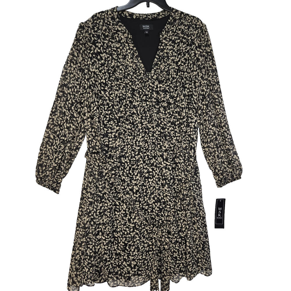 MSK Plus Size 22W & 14Tuxedo Pleated Floral Shirt Dress Black White Chiffon NWT